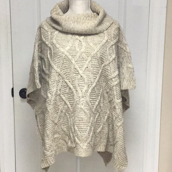 Beige Cowl Neck Cable Poncho - Picture 1 of 8